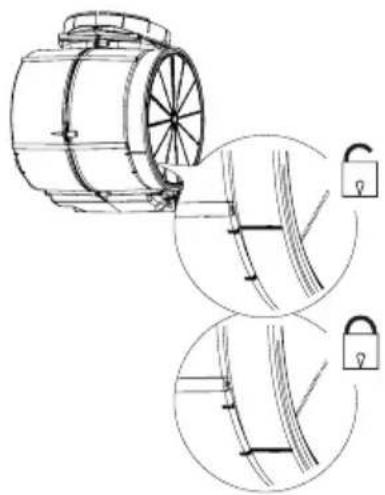 Technical line drawing of a wooden barrel with two views of its side profile showing internal structure and lock mechanism (no text or symbols)