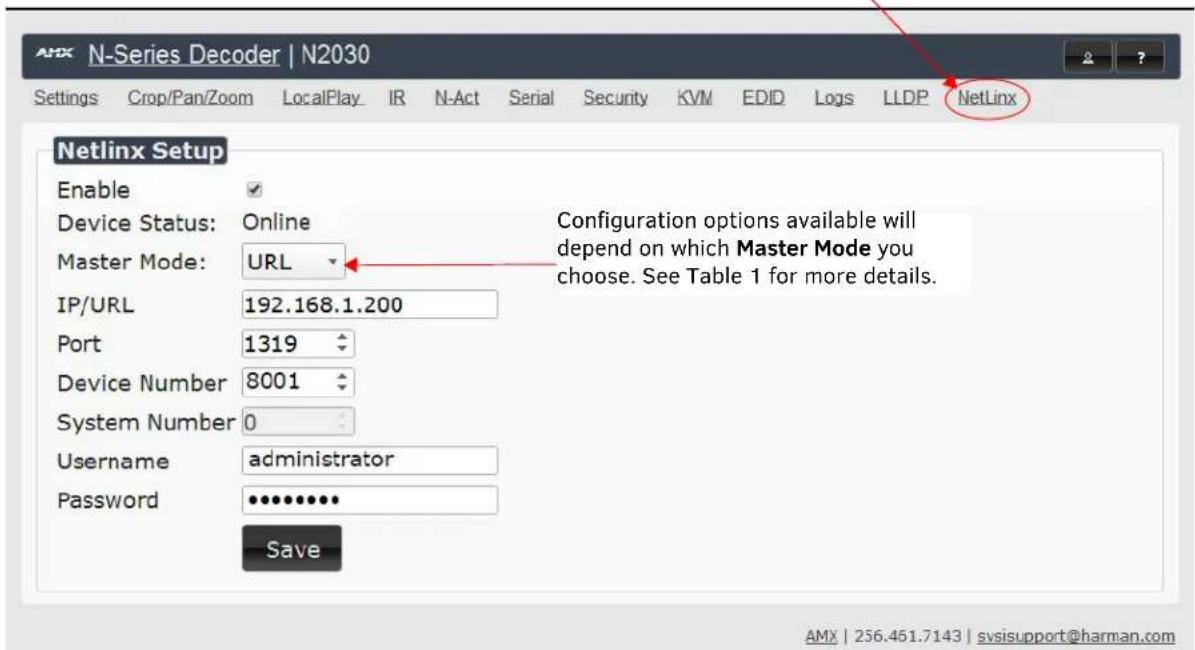 AMX NMX-DEC-N2235A - NetLinx Configuration Using the Unit's Webpage - 1