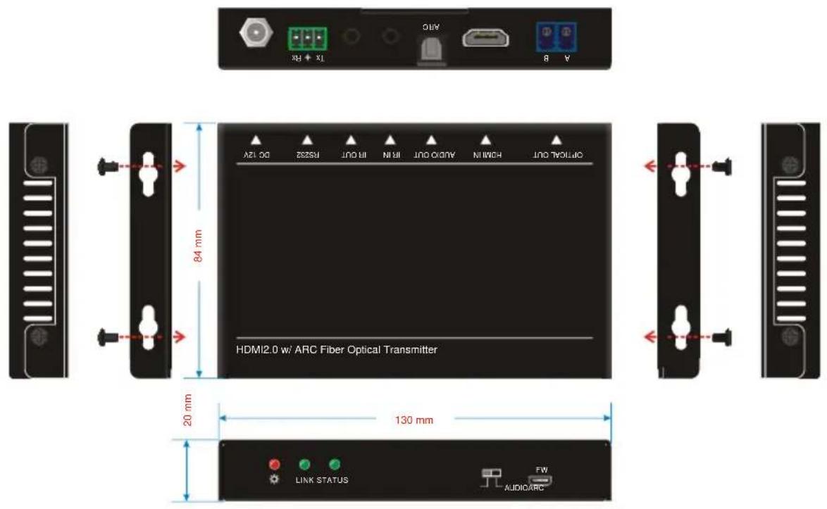 TX + RX A B 84 mm HDMI2.0 w/ ARC Fiber Optical Transmitter 20 mm 130 mm LINK STATUS FW AUDIO/ARC