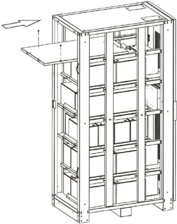 Technical line drawing of a multi-level industrial storage unit with shelves and structural supports (no text or symbols)