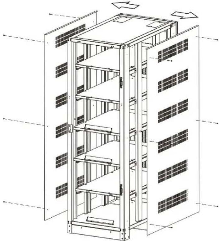 Technical line drawing of a server rack cabinet with multiple panels and ventilation grilles (no text or labels)
