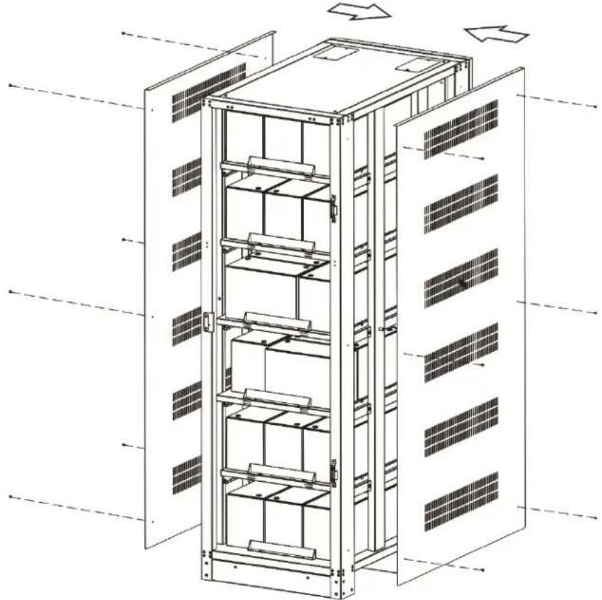 Technical line drawing of a server rack cabinet with multiple panels and ventilation grilles (no text or labels)