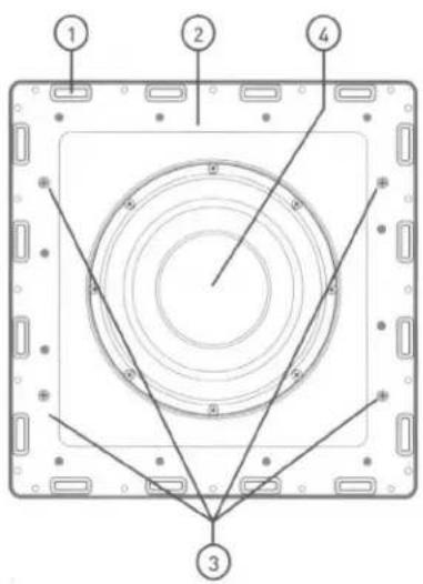Technical diagram of a device casing with numbered components and concentric circular features