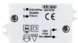 L: 100/240Vac 50Hz N: 50mA CE Unit 12Vdc Max 300mA