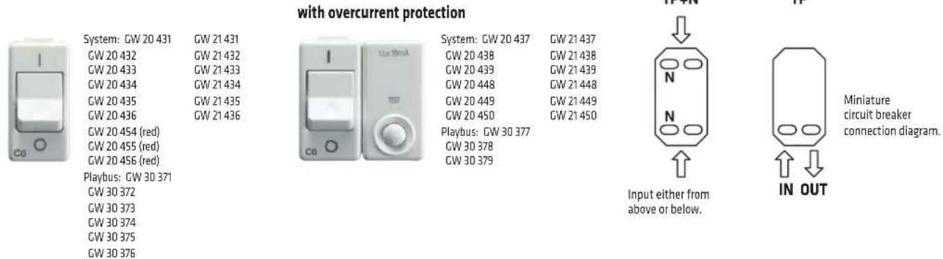 with overcurrent protection System: GW 20 431 GW 21 431 GW 20 432 GW 21 432 GW 20 433 GW 21 433 GW 20 434 GW 21 434 GW 20 435 GW 21 435 GW 20 436 GW 21 436 GW 20 454 (red) GW 20 455 (red) GW 20 456 (red) Playbus: GW 30 371 GW 30 372 GW 30 373 GW 30 374 GW 30 375 GW 30 376 System: GW 20 437 GW 21 437 GW 20 438 GW 21 438 GW 20 439 GW 21 439 GW 20 448 GW 21 448 GW 20 449 GW 21 449 GW 20 450 GW 21 450 Playbus: GW 30 377 GW 30 378 GW 30 379 Input either from above or below. IN OUT Miniature circuit breaker connection diagram.