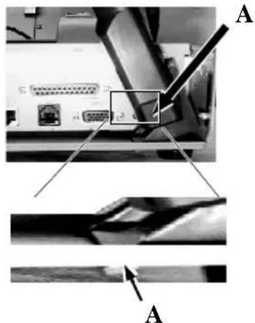 Technical diagram showing labeled components of an electronic device with ports and connectors, marked as A.