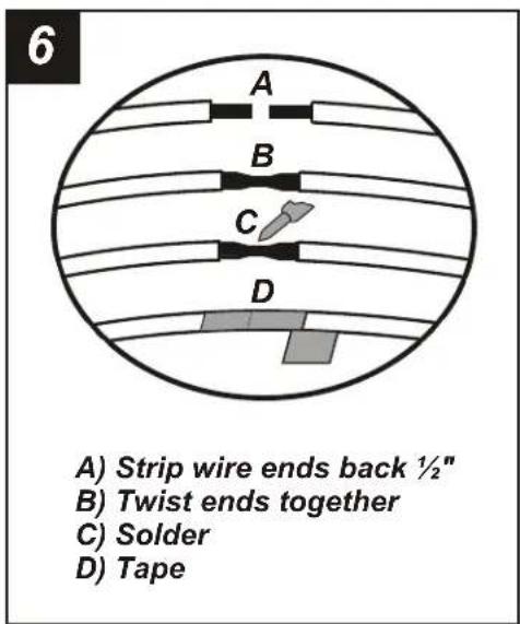 6 A) Strip wire ends back ½" B) Twist ends together C) Solder D) Tape