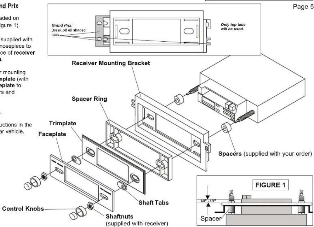Grand Prix Braek off all shaded tabs. Only top tabs will be used. Page 5 Receiver Mounting Bracket Spacer Ring Trimplate Faceplate Control Knobs Shaft Tabs Shaftnuts (supplied with receiver) Spacers (supplied with your order) FIGURE 1 1/8" - 1/4" Spacer