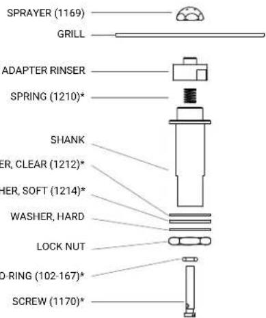 SPRAYER (1169) GRILL ADAPTER RINSER SPRING (1210)* SHANK HER, CLEAR (1212)* HER, SOFT (1214)* WASHER, HARD LOCK NUT O-RING (102-167)* SCREW (1170)*