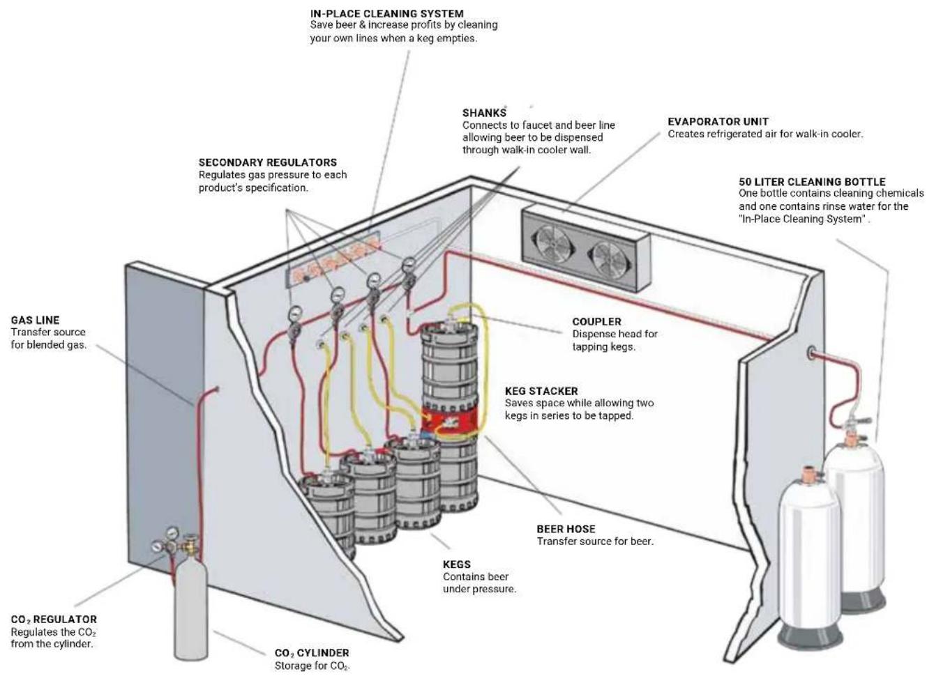 IN-PLACE CLEANING SYSTEM Save beer & increase profits by cleaning your own lines when a keg empties. SECONDARY REGULATORS Regulates gas pressure to each product's specification. GAS LINE Transfer source for blended gas. CO2 REGULATOR Regulates the CO2 from the cylinder. CO2 CYLINDER Storage for CO2. SHANKS Connects to faucet and beer line allowing beer to be dispensed through walk-in cooler wall. COUPLER Dispense head for tapping kegs. KEG STACKER Saves space while allowing two kegs in series to be tapped. BEER HOSE Transfer source for beer. EVAPORATOR UNIT Creates refrigerated air for walk-in cooler. 50 LITER CLEANING BOTTLE One bottle contains cleaning chemicals and one contains rinse water for the "In-Place Cleaning System". CO2 CYPINDER