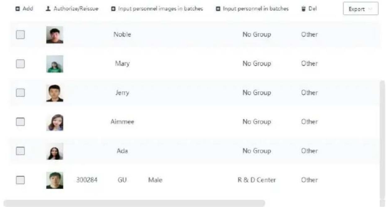 Add Authorize/Reissue Input personnel images in batches Input personnel in batches Del Export Noble No Group Other Mary No Group Other Jerry No Group Other Aimmee No Group Other Ada No Group Other 300284 GU Male R & D Center Other