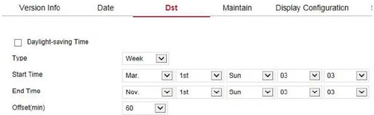 Version Info Date Dst Maintain Display Configuration Daylight-saving Time Type Week Start Time Mar. 1st Sun 03 03 End Time Nov. 1st Sun 03 03 Offset(min) 60