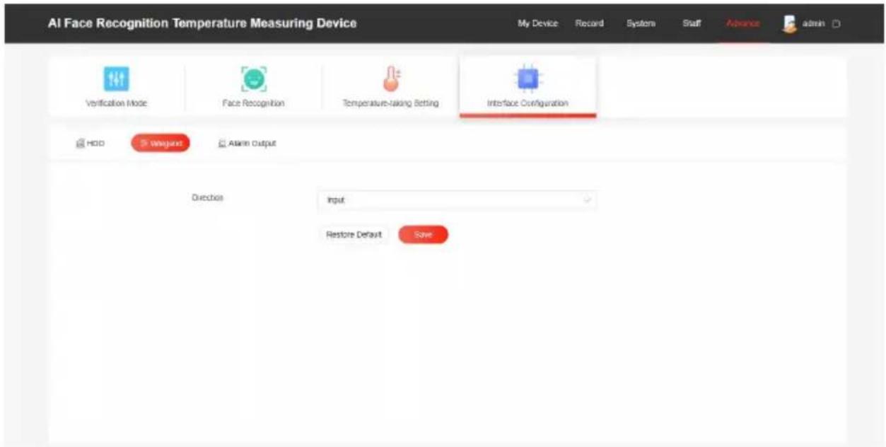 AI Face Recognition Temperature Measuring Device My Device Record System Staff Advance admin Verification Mode Face Recognition Temperature-taking Setting Interface Configuration HDD Waigust Alarm Output Directions Input Restore Default Save