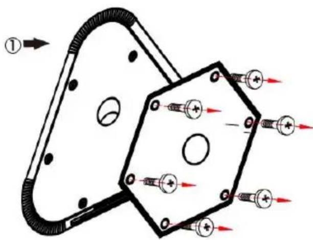 Diagram showing a mechanical component with force arrows and bolt holes, labeled with number ①