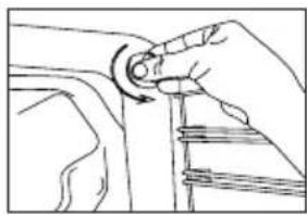 Line drawing of a hand adjusting a mechanical component with a circular arrow (no text or symbols)