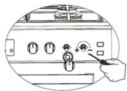 Line drawing of a hand pointing to a control panel with buttons and dials (no text or symbols)