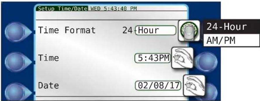 Setup Time/Date WED 5:43:40 PM Time Format 24-Hour Time 5:43PM Date 02/08/17 24-Hour AM/PM