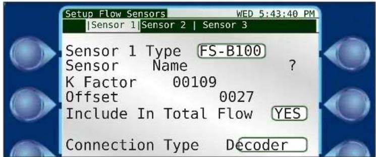 Setup Flow Sensors WED 5:43:40 PM |Sensor 1 |Sensor 2 | Sensor 3 Sensor 1 Type FS-B100 Sensor Name ? K Factor 00109 Offset 0027 Include In Total Flow YES Connection Type Decoder