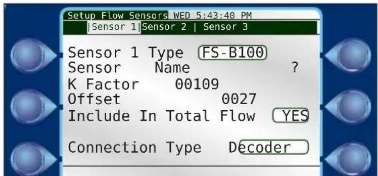 Setup Flow Sensors WED 5:43:40 PM Sensor 1 | Sensor 2 | Sensor 3 Sensor 1 Type FS-B100 Sensor Name ? K Factor 00109 Offset 0027 Include In Total Flow YES Connection Type Decoder