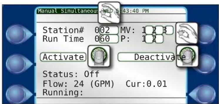 Manual Simultaneous: WED 5:43:40 PM Station# 002 MV: 1 2 3 Run Time 060 P: 1 2 Activate Deactivate Status: Off Flow: 24 (GPM) Cur:0.01 Running: