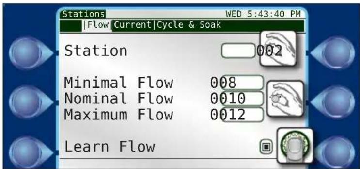 Stations WED 5:43:40 PM |Flow |Current |Cycle & Soak Station 002 Minimal Flow 008 Nominal Flow 0010 Maximum Flow 0012 Learn Flow
