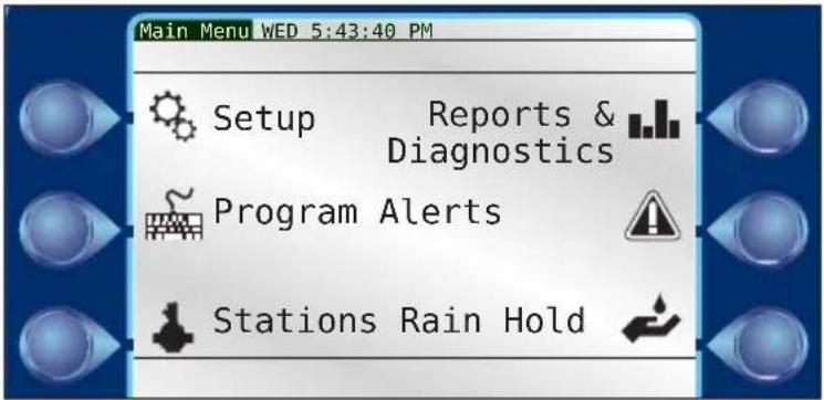 Main Menu WED 5:43:40 PM Setup Reports & Diagnostics Program Alerts Stations Rain Hold