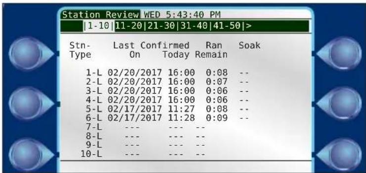 Station Review WED 5:43:40 PM |1-10|11-20|21-30|31-40|41-50|> Stn-Type Last Confirmed Ran Soak On Today Remain 1-L 02/20/2017 16:00 0:08 -- 2-L 02/20/2017 16:00 0:07 -- 3-L 02/20/2017 16:00 0:06 -- 4-L 02/20/2017 16:00 0:06 -- 5-L 02/17/2017 11:27 0:08 -- 6-L 02/17/2017 11:28 0:09 -- 7-L --- --- -- 8-L --- --- -- 9-L --- --- -- 10-L --- --- --