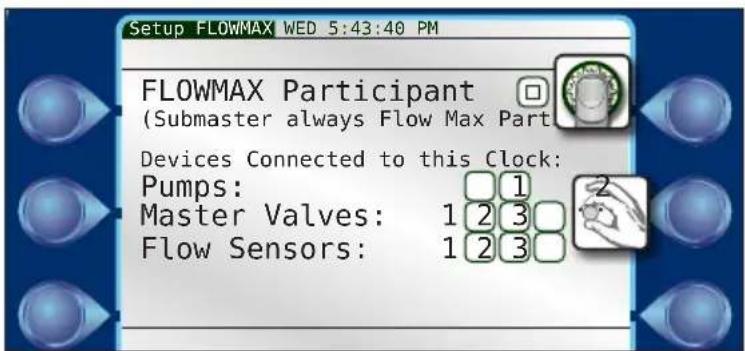 Setup FLOWMAX WED 5:43:40 PM FLOWMAX Participant (Submaster always Flow Max Part) Devices Connected to this Clock: Pumps: Master Valves: 1 2 3 Flow Sensors: 1 2 3