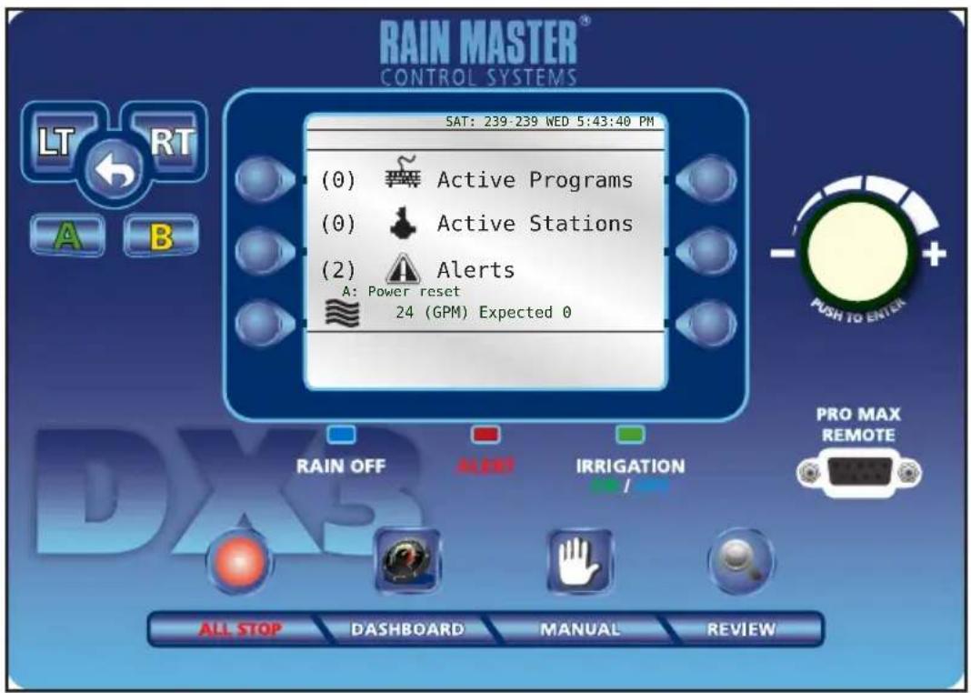 RAIN MASTER® CONTROL SYSTEMS SAT: 239-239 WED 5:43:40 PM (0) Active Programs (0) Active Stations (2) Alerts A: Power reset 24 (GPM) Expected 0 RAIN OFF ALERT IRRIGATION PRO MAX I RIVIATION ALL STOP DASHBOARD MANUAL REVIEW