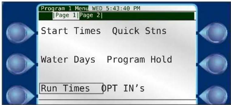 Program 1 Menu WED 5:43:40 PM |Page 1|Page 2| Start Times Quick Stns Water Days Program Hold Run Times OPT IN's