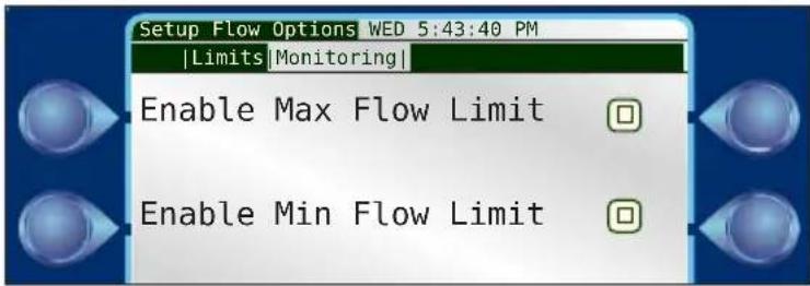 Setup Flow Options WED 5:43:40 PM |Limits |Monitoring| Enable Max Flow Limit Enable Min Flow Limit