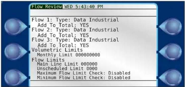 Flow Review WED 5:43:40 PM Flow 1: Type: Data Industrial Add To Total: YES Flow 2: Type: Data Industrial Add To Total: YES Flow 3: Type: Data Industrial Add To Total: YES Volumetric Limits Monthly Limit 000000000 Flow Limits Main Line Limit 000000 Unscheduled Limit 0000 Maximum Flow Limit Check: Disabled Minimum Flow Limit Check: Disabled