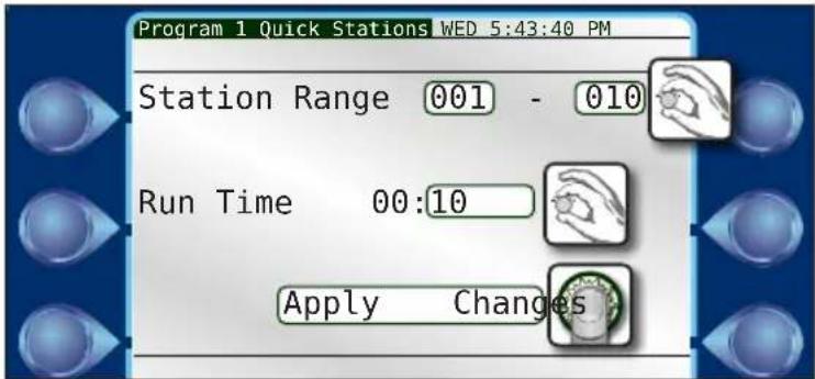 Program 1 Quick Stations WED 5:43:40 PM Station Range 001 - 010 Run Time 00:10 Apply Changes