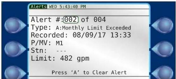 Alert #:002 of 004 Type: A:Monthly Limit Exceeded Recorded: 08/09/17 13:33 P/MV: M1 Stn: --- Limit: 482 gpm Press 'A' to Clear Alert