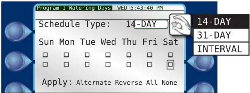Program 1 Watering Days WED 5:43:40 PM Schedule Type: 14-DAY Sun Mon Tue Wed Thu Fri Sat Apply: Alternate Reverse All None 14-DAY 31-DAY INTERVAL