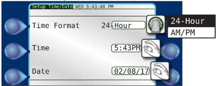 Setup Time/Date WED 5:43:40 PM Time Format 24-Hour Time 5:43PM Date 02/08/17 24-Hour AM/PM