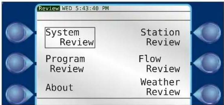 Review WED 5:43:40 PM System Review Program Review About Station Review Flow Review Weather Review