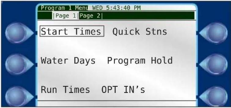 Program 1 Menu WED 5:43:40 PM |Page 1 |Page 2 | Start Times Quick Stns Water Days Program Hold Run Times OPT IN's