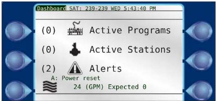 (0) Active Programs (0) Active Stations (2) Alerts A: Power reset 24 (GPM) Expected 0
