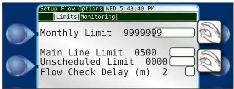 Setup Flow Options WED 5:43:40 PM |Limits |Monitoring| Monthly Limit 9999999 Main Line Limit 0500 Unscheduled Limit 0000 Flow Check Delay (m) 2