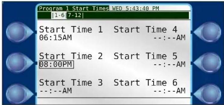Program 1 Start Times WED 5:43:40 PM 1-6 7-12 Start Time 1 Start Time 4 06:15AM --:--AM Start Time 2 Start Time 5 08:00PM --:--AM Start Time 3 Start Time 6 --:--AM --:--AM