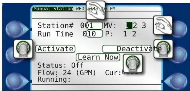 Manual Station WED 5:43:40 PM Station# 001 MV: 2 3 Run Time 010 P: 1 2 Activate Deactivate Learn Now Status: Off Flow: 24 (GPM) Cur: Running: