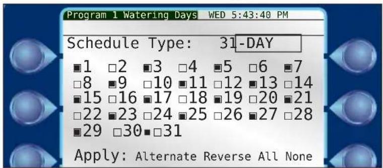 Program 1 Watering Days WED 5:43:40 PM Schedule Type: 31-DAY ■1 □2 ■3 □4 ■5 □6 ■7 □8 ■9 □10 ■11 □12 ■13 □14 ■15 □16 ■17 □18 ■19 □20 ■21 □22 ■23 □24 ■25 □26 ■27 □28 ■29 □30 ■31 Apply: Alternate Reverse All None