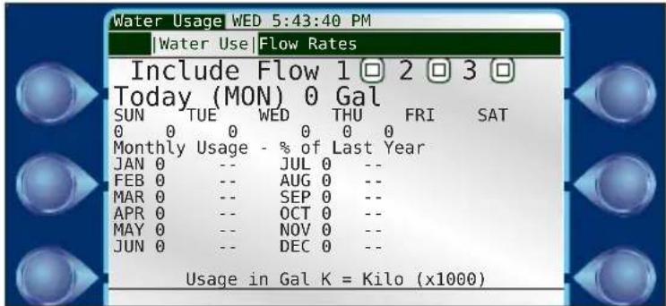 Water Usage WED 5:43:40 PM |Water Use|Flow Rates Include Flow 1 □ 2 □ 3 □ Today (MON) 0 Gal SUN TUE WED THU FRI SAT 0 0 0 0 0 0 Monthly Usage - % of Last Year JAN 0 -- JUL 0 -- FEB 0 -- AUG 0 -- MAR 0 -- SEP 0 -- APR 0 -- OCT 0 -- MAY 0 -- NOV 0 -- JUN 0 -- DEC 0 -- Usage in Gal K = Kilo (x1000)