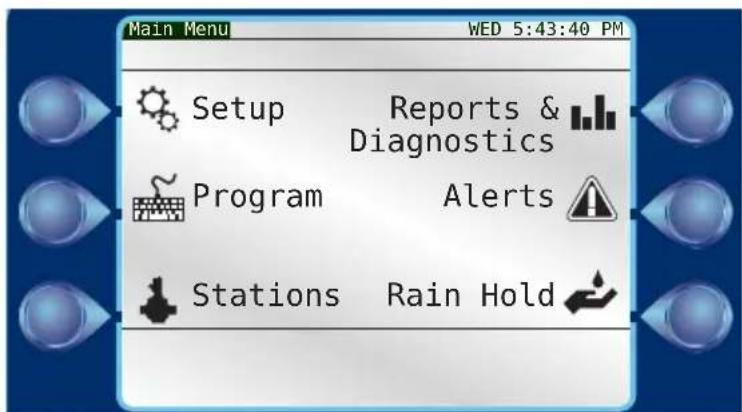 Main Menu WED 5:43:40 PM Setup Reports & Diagnostics Program Alerts Stations Rain Hold