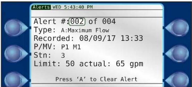 Alert #:002 of 004 Type: A:Maximum Flow Recorded: 08/09/17 13:33 P/MV: P1 M1 Stn: 3 Limit: 50 actual: 65 gpm Press 'A' to Clear Alert