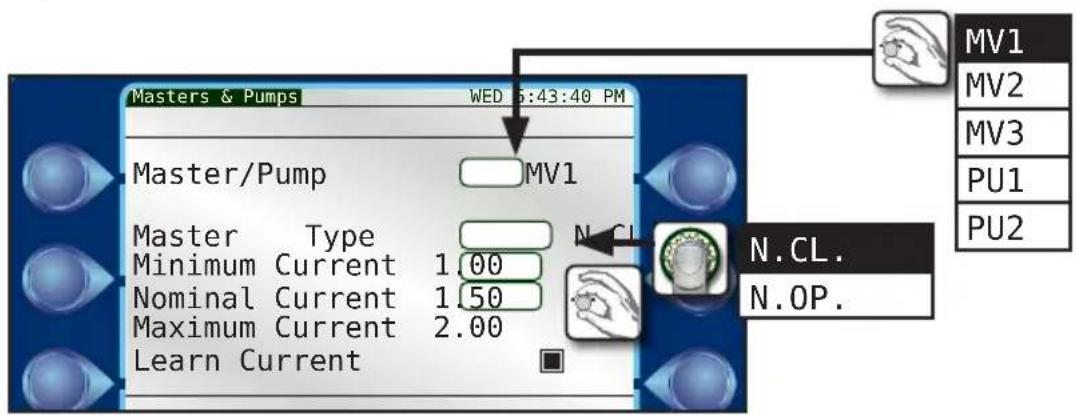 Masters & Pumps WED 5:43:40 PM Master/Pump MV1 Master Type Minimum Current 1.00 Nominal Current 1.50 Maximum Current 2.00 Learn Current N.CL. N.OP. MV1 MV2 MV3 PU1 PU2