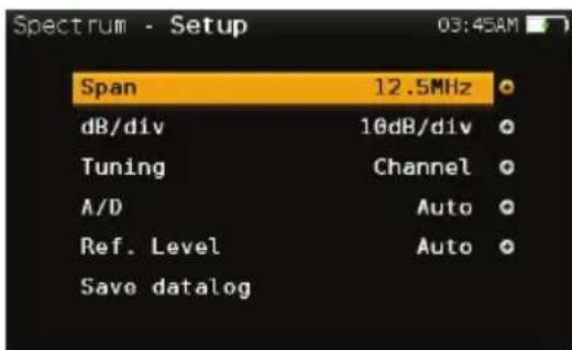 Spectrum - Setup 03:45AM Span 12.5MHz dB/div 10dB/div Tuning Channel A/D Auto Ref. Level Auto Save datalog