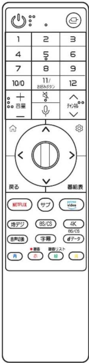 1 2 3 4 5 6 7 8 9 10/0 11/ お好みボタン 12 + 音量 × ヘ チャンネル - ↓ 番組表 戻る NETFLIX サブ prime video 地デジ BS/CS 4K BS/CS 音声切像 字幕 dテータ 青 赤 雑面リスト 緑