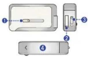 Diagram showing four labeled views of a device with numbered annotations indicating different components.